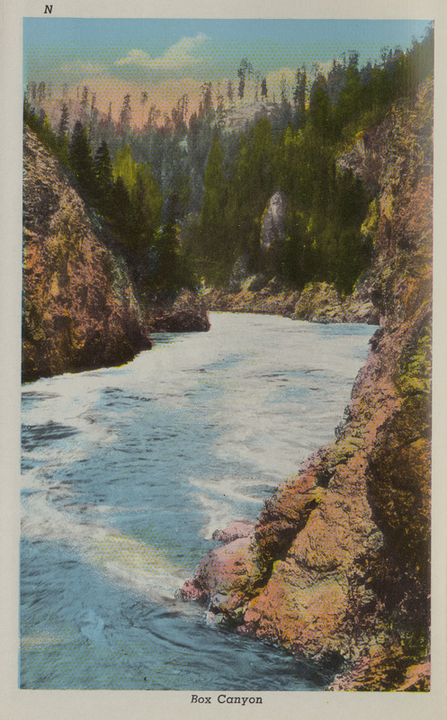 Postcard is part of a postcard packet. Image is of Box Canyon near Riggins, Idaho.