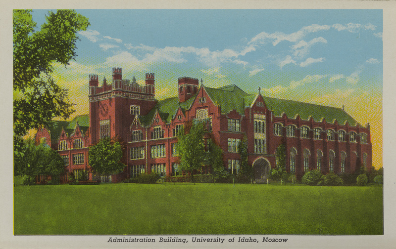 Postcard is part of a postcard packet. Image is of the University of Idaho administration building in Moscow, Idaho.
