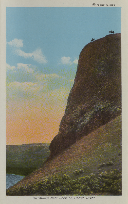 Postcard is part of a postcard packet. Image is of two riders on horses on top of a large rock formation along the Snake River in Idaho.