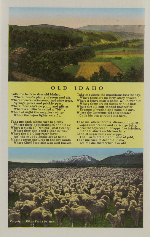 Postcard is part of a postcard packet. Image is of sheep grazing and fields with accompanying verses.