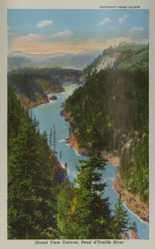 Postcard is part of a postcard packet. Image is of a canyon on the Pend d'Oreille river.