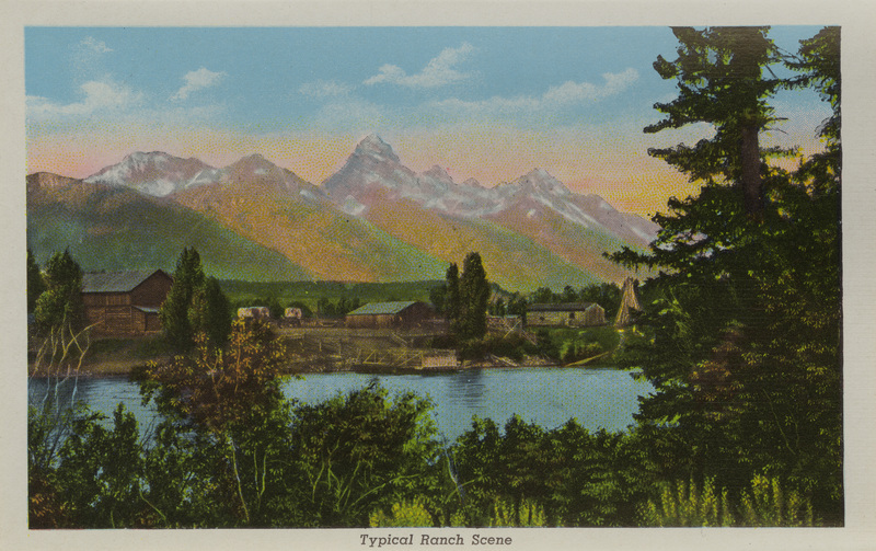 Postcard is part of a postcard packet. Image is of a ranch along a river with mountains in the background.