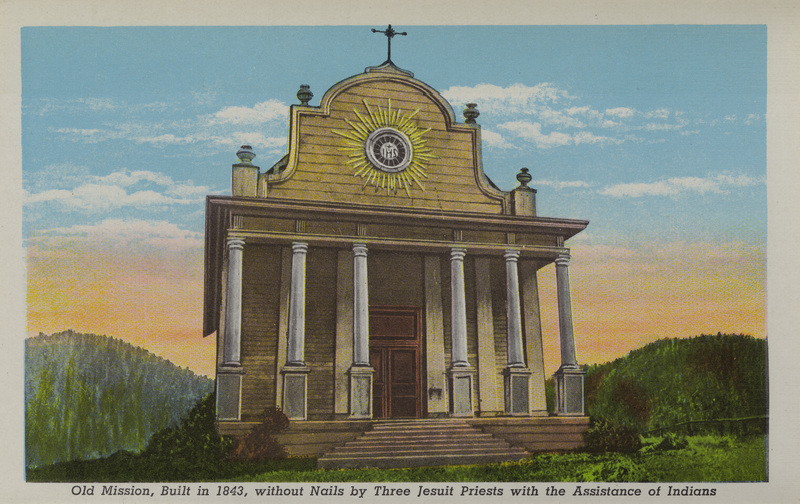 Postcard is part of a postcard packet. Image is of the Cataldo Mission in Cataldo, Idaho.