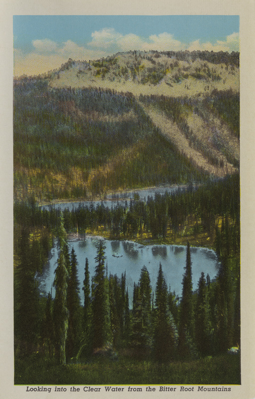 Postcard is part of a postcard packet. Image is of a lake or river in the Bitteroot Mountains of Idaho.