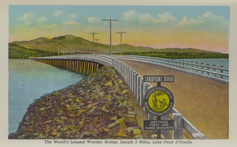 Postcard is part of a postcard packet. Image is of a bridge crossing Lake Pend Oreille near Sandpoint, Idaho.