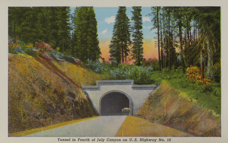 Postcard is part of a postcard packet. Image is of a tunnel on U.S. Highway 10 in Idaho.