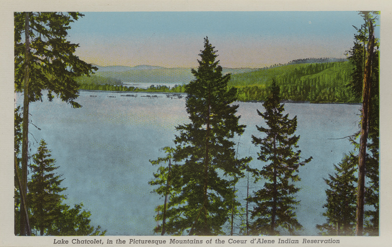 Postcard is part of a postcard packet. Image is of Lake Chatcolet near Coeur d'Alene, Idaho.