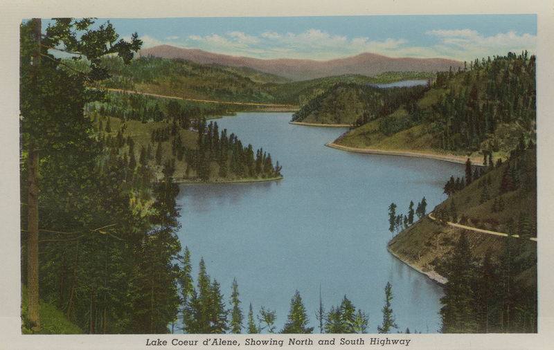 Postcard is part of a postcard packet. Image is of Lake Coeur d'Alene with Highway 95.