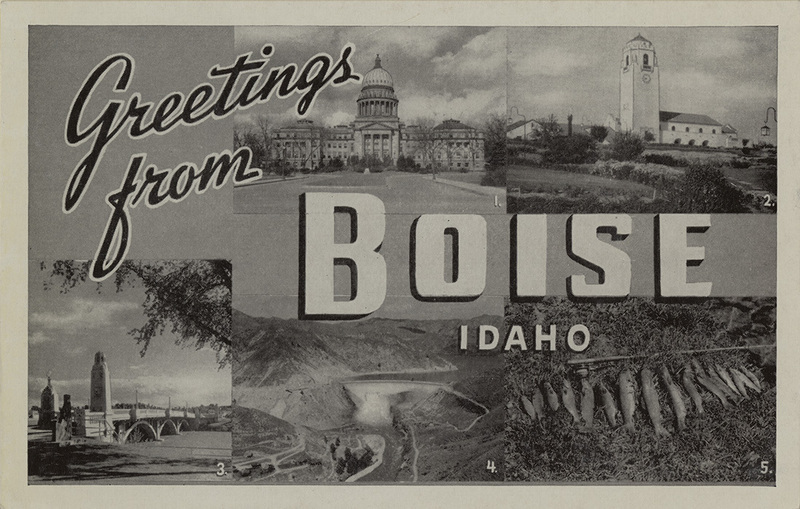 Postcard of various scenes from Boise, Idaho including the State Capitol, the Boise Depot, and the Lucky Peak Dam.