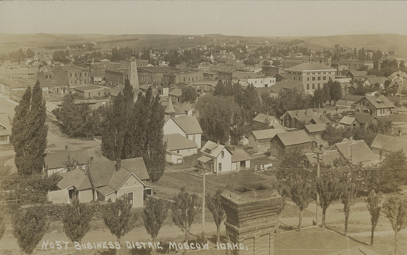 Postcard of the business district in Moscow, Idaho.