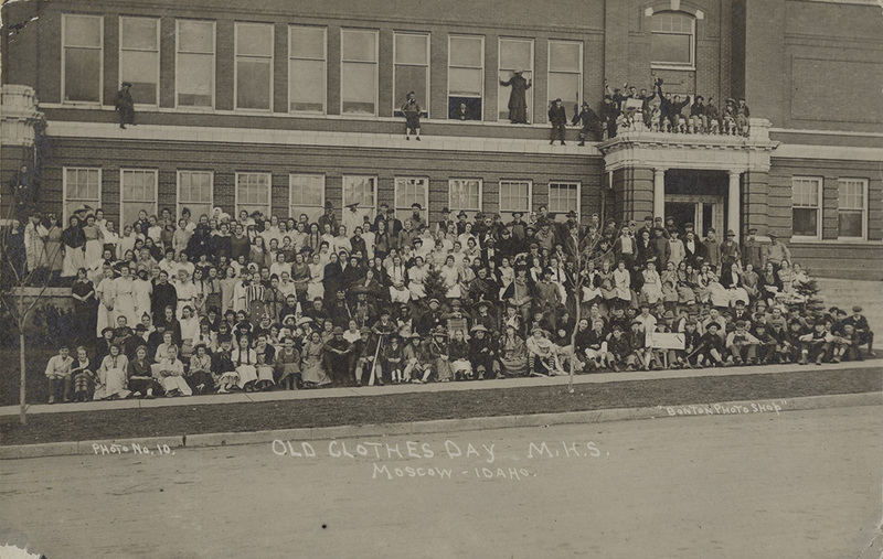 Postcard of old clothes day at Moscow High School in Moscow, Idaho.