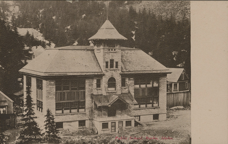 Postcard of a school building no longer standing in Burke, Idaho.