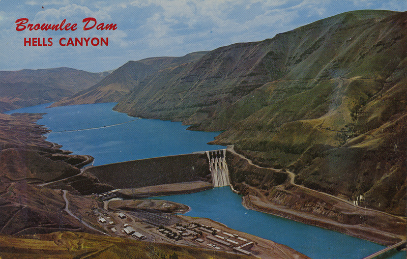 Postcard of the Brownlee Dam on the Snake River in Hells Canyon near Brownlee, Oregon.