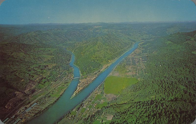 Postcard of the site of Dworshak Dam and Ahsahka, Idaho.