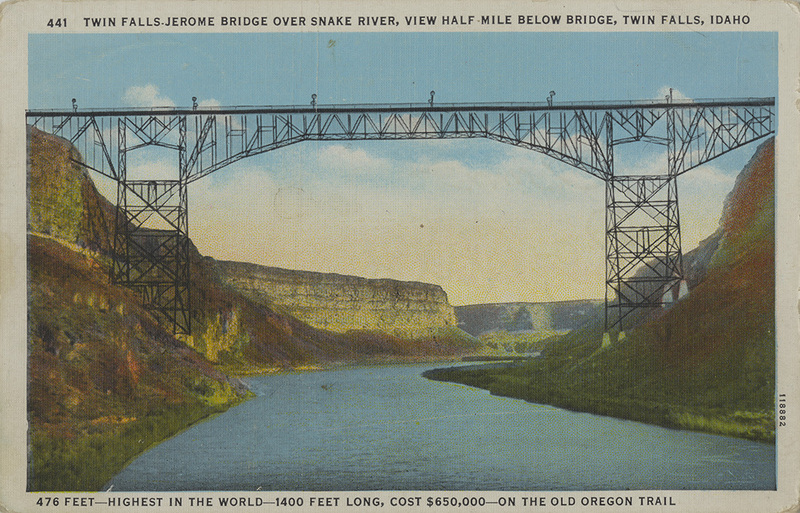Twin Falls-Jerome Bridge over Snake River, view half mile below bridge, Twin Falls, Idaho. Perrine Memorial Bridge.