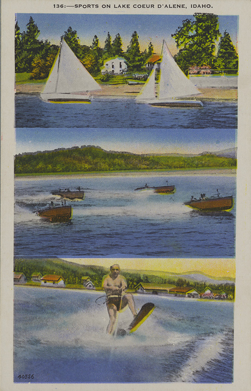 Postcard of water sports on Lake Coeur d'Alene, Idaho.