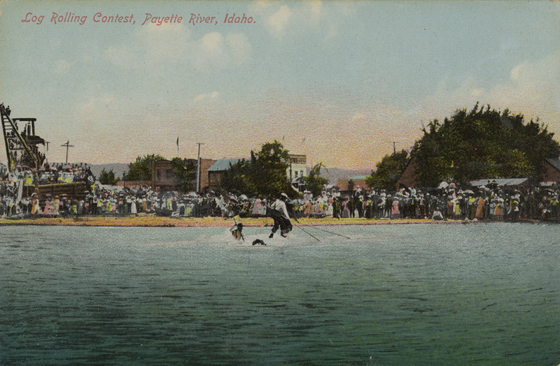 Postcard of a Log Rolling Contest on the Payette River in Idaho.