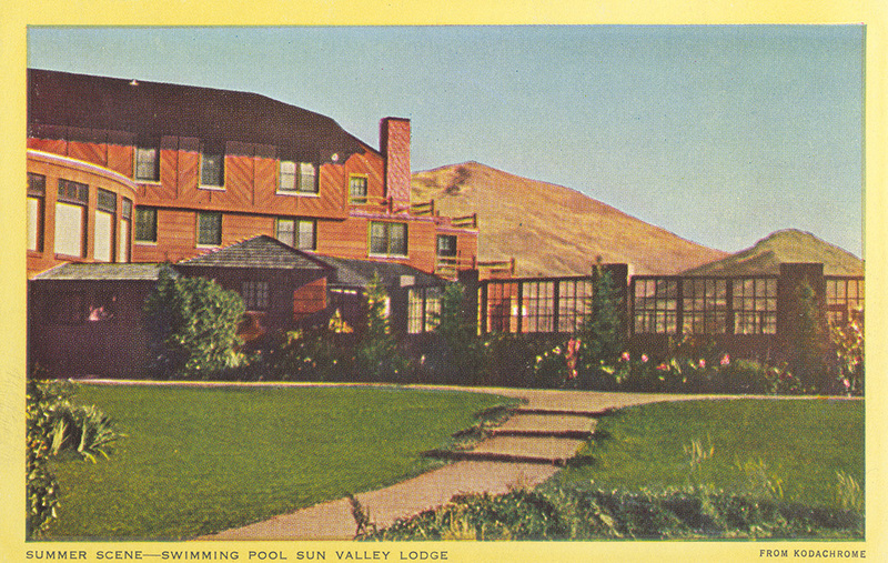 Postcard of the Sun Valley Lodge swimming pool in the summer.