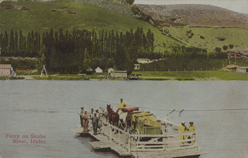 Postcard of a ferry crossing the Snake River in Idaho.