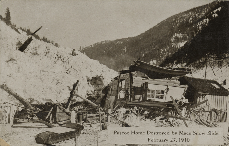 Postcard of a home destroyed by a snow slide in February 27, 1910.