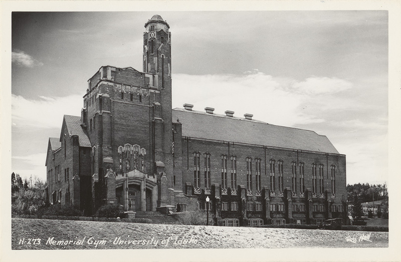 Postcard of the Memorial Gym building on the University of Idaho campus in Moscow, Idaho.