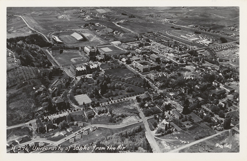 Postcard is an aerial photograph of the University of Idaho campus in Moscow, Idaho.