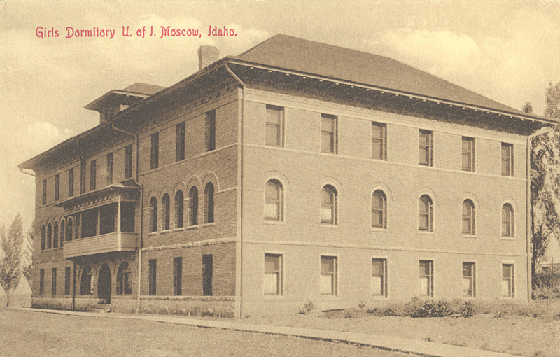 Postcard of a women's dormitory (now Ridenbaugh Hall) at the University of Idaho campus in Moscow, Idaho.