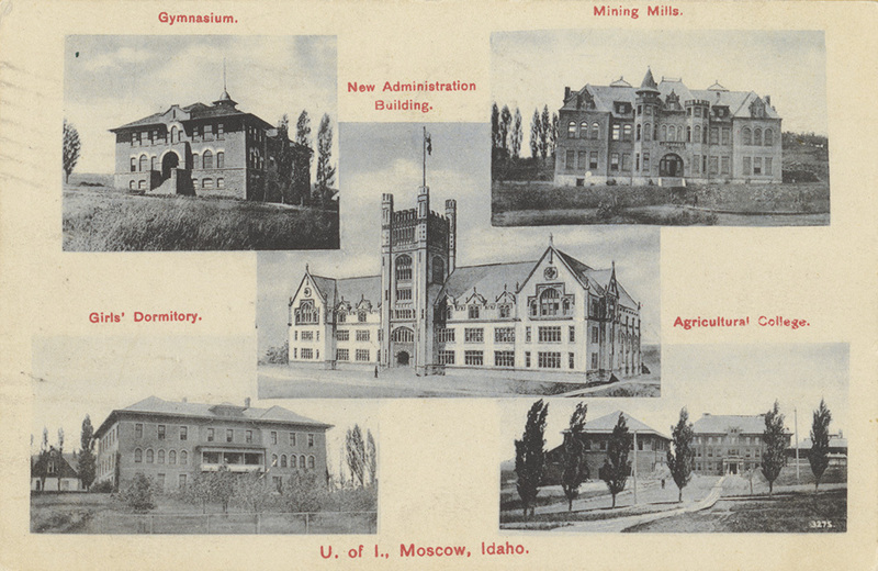 Postcard of various buildings on the University of Idaho campus in Moscow, Idaho, including the Gymnasium, Mining Mills, New Administration Building, Girls' Dormitory, and Agricultural College.