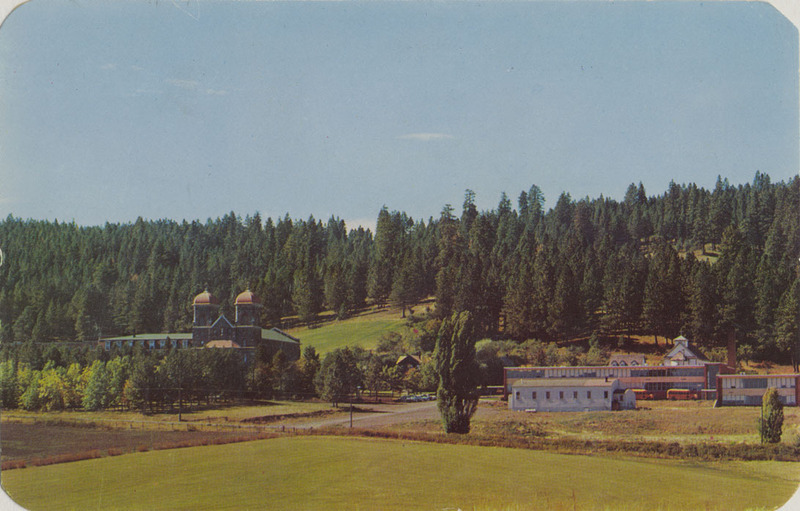 Postcard of St. Gertrude's Convent and Academy in Cottonwood, Idaho. | This convent, just west of U.S. 95 is the only motherhouse in Idaho. Established in 1909, it is now the home of 165 Benedictines. The 1956 registration of the new Academy was 152 High School Students. The sisters also have a Junior College for their own members, staff 10 Parochial Schools and 2 Hospitals in Idaho.