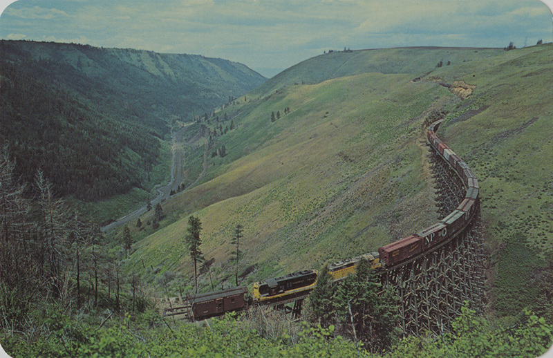Camas Prairie freight train on trestle above Lapwai Canyon.