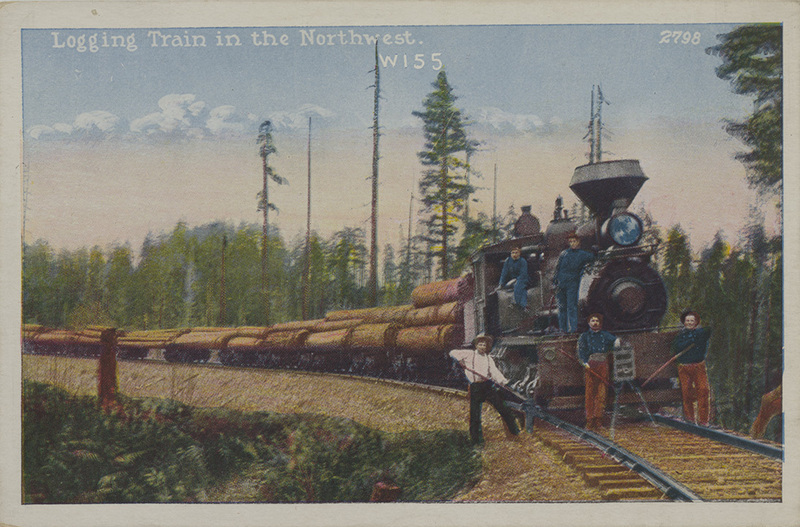 Postcard of a train hauling logs in the Northwest.