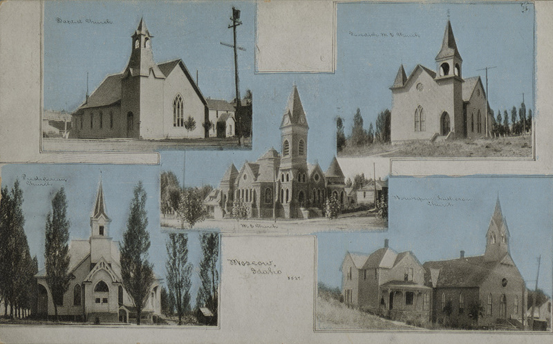Postcard of several churches in Moscow, Idaho.