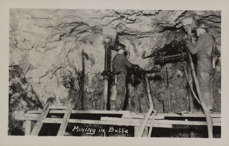 Postcard of miners working inside of a mine in Butte, Montana.