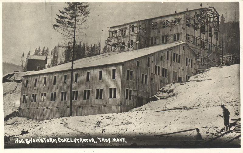 Postcard of the concentrator building of the Snow Storm mine in Troy, Montana.