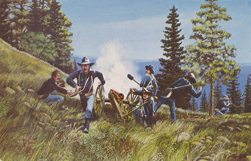 Postcard of men firing a howitzer at the Battle of Big Hole during the Nez Perce War. | "Firing the Mountain Howitzer," Big Hole National Battlefield, Mt. Painting by Robert Auth. At noon of the first day of battle, six men of the 7th U.S. Infantry brought up the howitzer to fire shots at the Nez Perce camp. After 2 shots Nez Perce warriors captured the howitzer. The Battle of the Big Hole, August 9-10 was the turning point in the Nez Perce War of 1877.