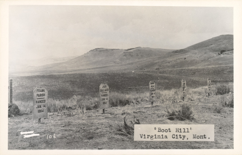 Postcard of graves in Virginia City, Montana.