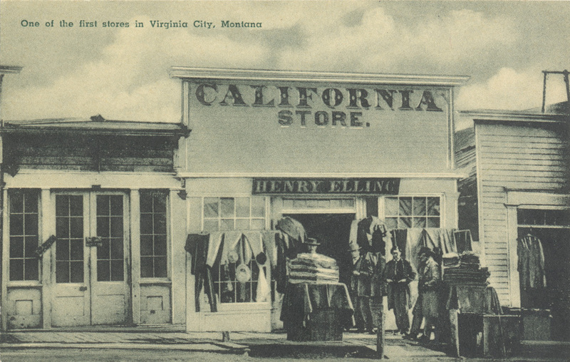 Postcard of men standing in front of the California store in Virginia City, Montana.