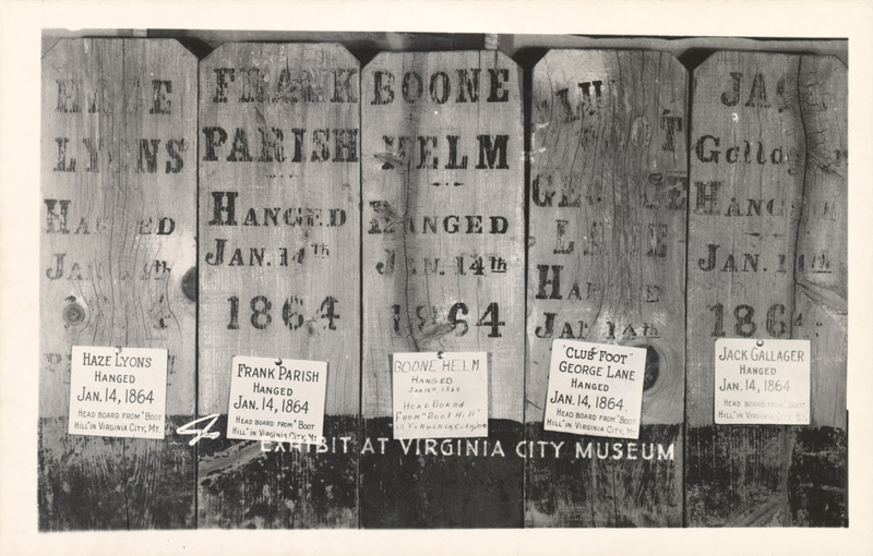 Postcard of headboards from 'boot hill' in a museum in Virginia City, Montana.