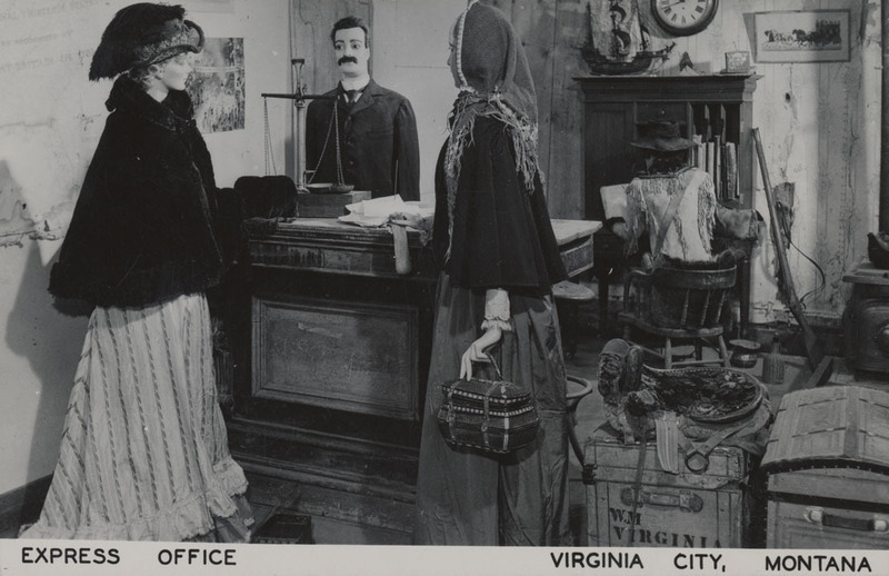 Postcard of the interior of the express office in Virginia City, Montana.