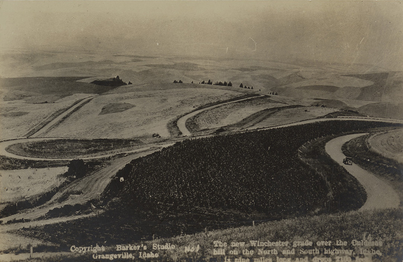 Postcard of a winding road near Culdesac, Idaho.  | New Winchester grade over the Culdesac Hill on the North and South Highway.