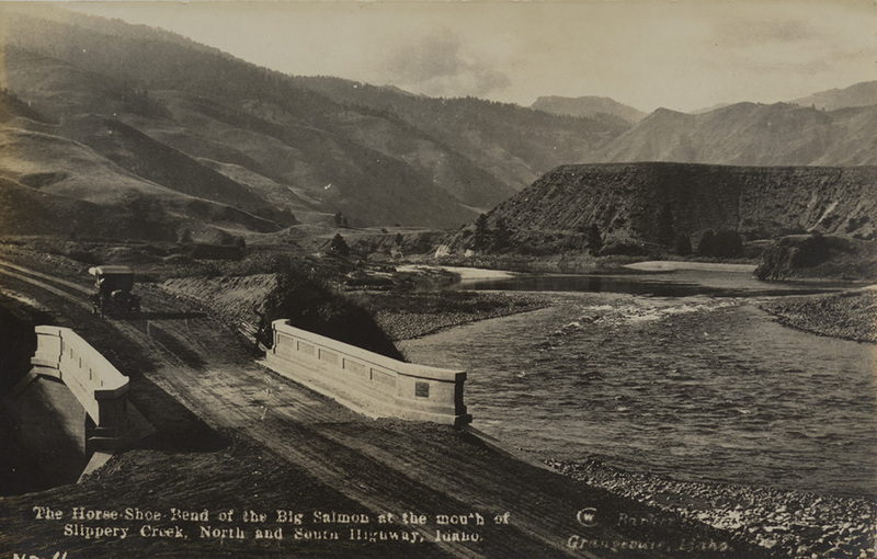 Postcard of an automobile crossing a bridge over the Salmon River. | The Horse-Shoe bend of the Big Salmon at the mouth of Slippery Creek. North and South Highway, Idaho.