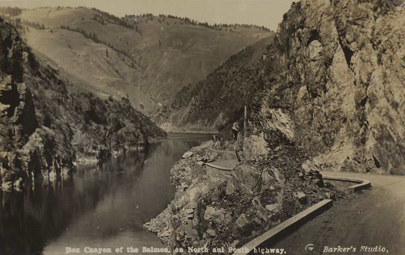 Postcard of a canyon and river on a highway in Idaho. | Box Canyon of the Salmon on North and South Highway.