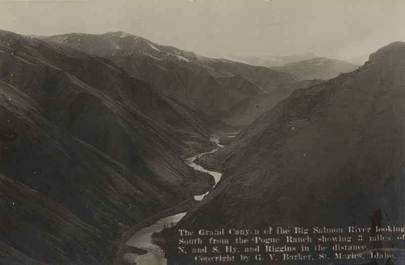 Postcard of a river and canyon near Riggins, Idaho. | Grand Canyon of the Big Salmon River looking South from the Pogue Ranch showing 3 miles of N. and S. Hy. And Riggins in the distance.