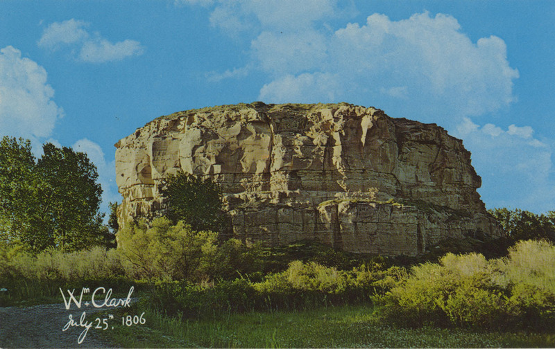 Postcard of Pompey's Pillar near Billings, Montana. | Pompey's Pillar. Lewis & Clark National Historic Landmark, where you can stand in Capt. Clark's footprints and view his name and date which he carved into this sandstone formation July 25, 1806, the only remaining physical evidence of the entire Lewis & Clark Expedition covering eleven states. Located 28 mi. E. of Billings, Montana, just off interchange on Interstate 94. Open June 1st to Sept. 1st.