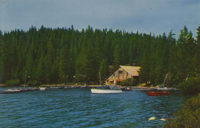 Postcard of a boat house and dock at Diamond Lake, Oregon.