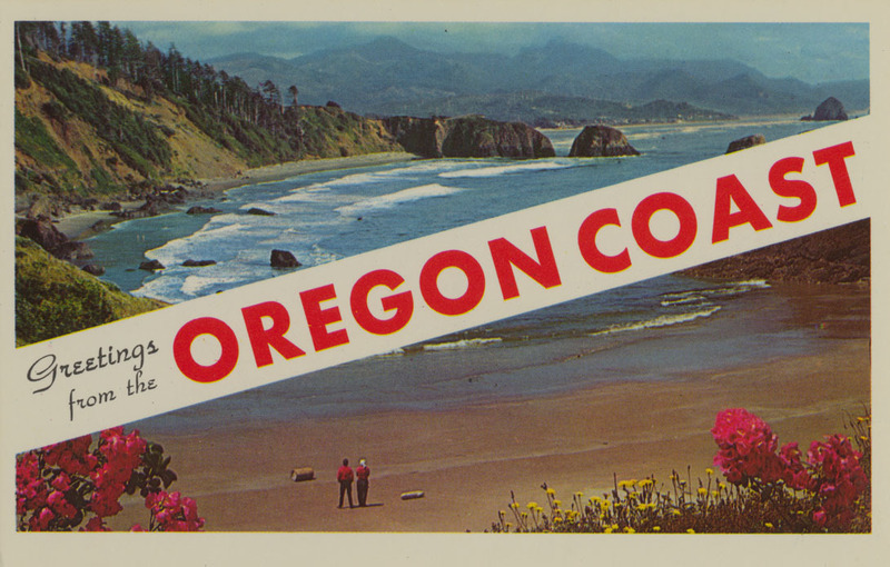 Postcard of people on a beach on the Oregon coast.