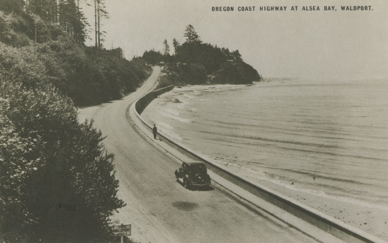 Postcard of an automobile on the Oregon Coast Highway near Waldport, Oregon.