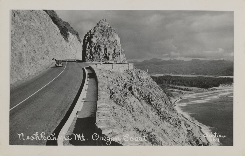 Postcard of an automobile on the Oregon Coast Highway near Mt. Neahkahnie, Oregon.