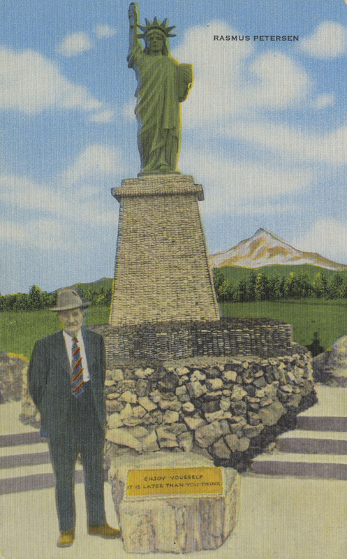 Postcard of Rasmus Petersen, creator of the Petersen Rock Gardens. | Rasmus Petersen settled on the present site of the rock gardens in 1906. Reclaiming the land for irrigation, took many of his earlier years. In recent years all of his time has been devoted to rock garden construction. The results of his efforts have been enjoyed by thousands of people from all parts of the world.