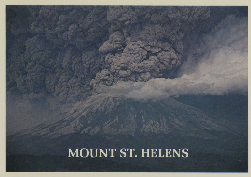 Postcard of the eruption of Mount St. Helens. | "Big Bang" Eruption, May 18, 1980. After literally blowing over 1400 feet from the summit, Mount St. Helens belches a thick ash and steam cloud that reached 60,000 feet into the atmosphere. The ash could dumped thousands of tons of ash over several states and continued its journey around the globe finding its way back to Washington 2 weeks later.